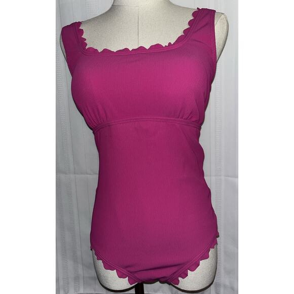 CHARMO Pink Ribbed Scalloped 1 Piece Swimsuit Womens Retro Modest Square Neck S - Picture 9 of 14
